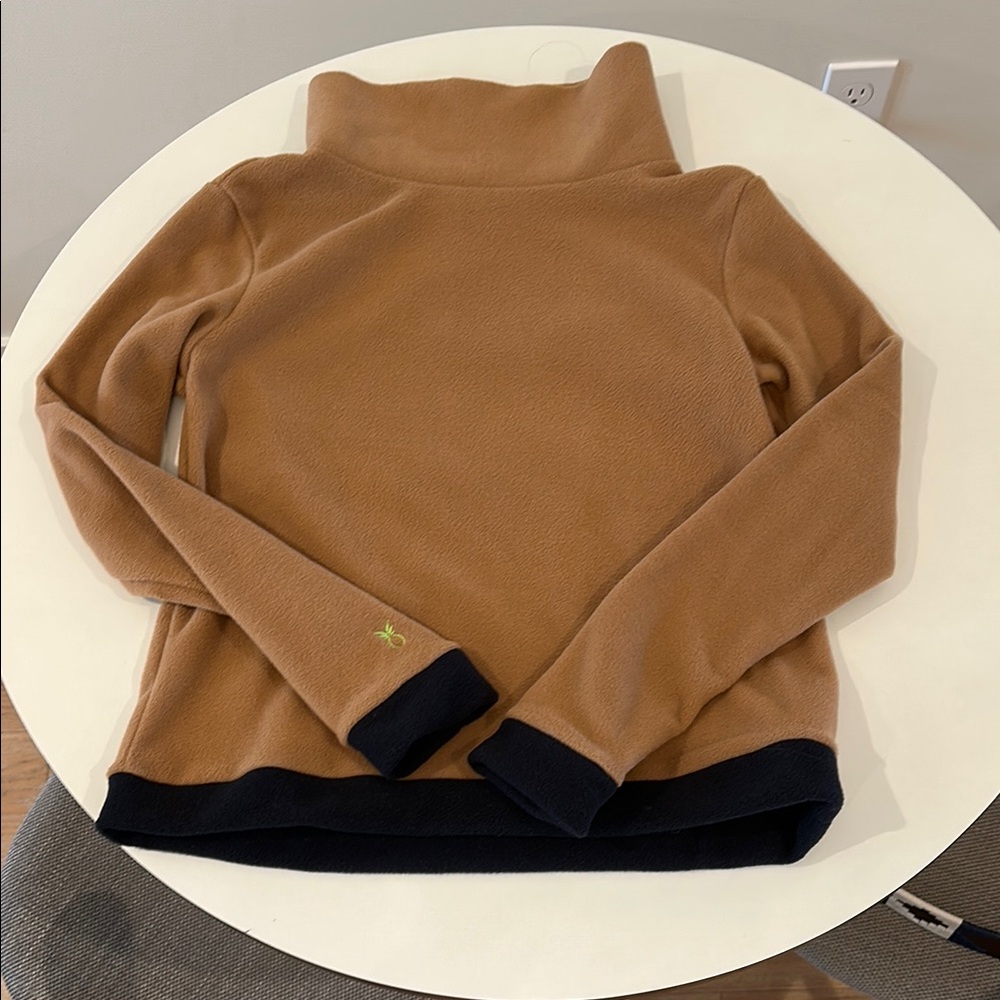Tuckernuck Dudley Stephen’s classic Tan Turtleneck Sweater with Navy Accents